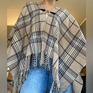 Tan Plaid Fringe Poncho/Shrug Sweater with Silver Metal Clip Detail